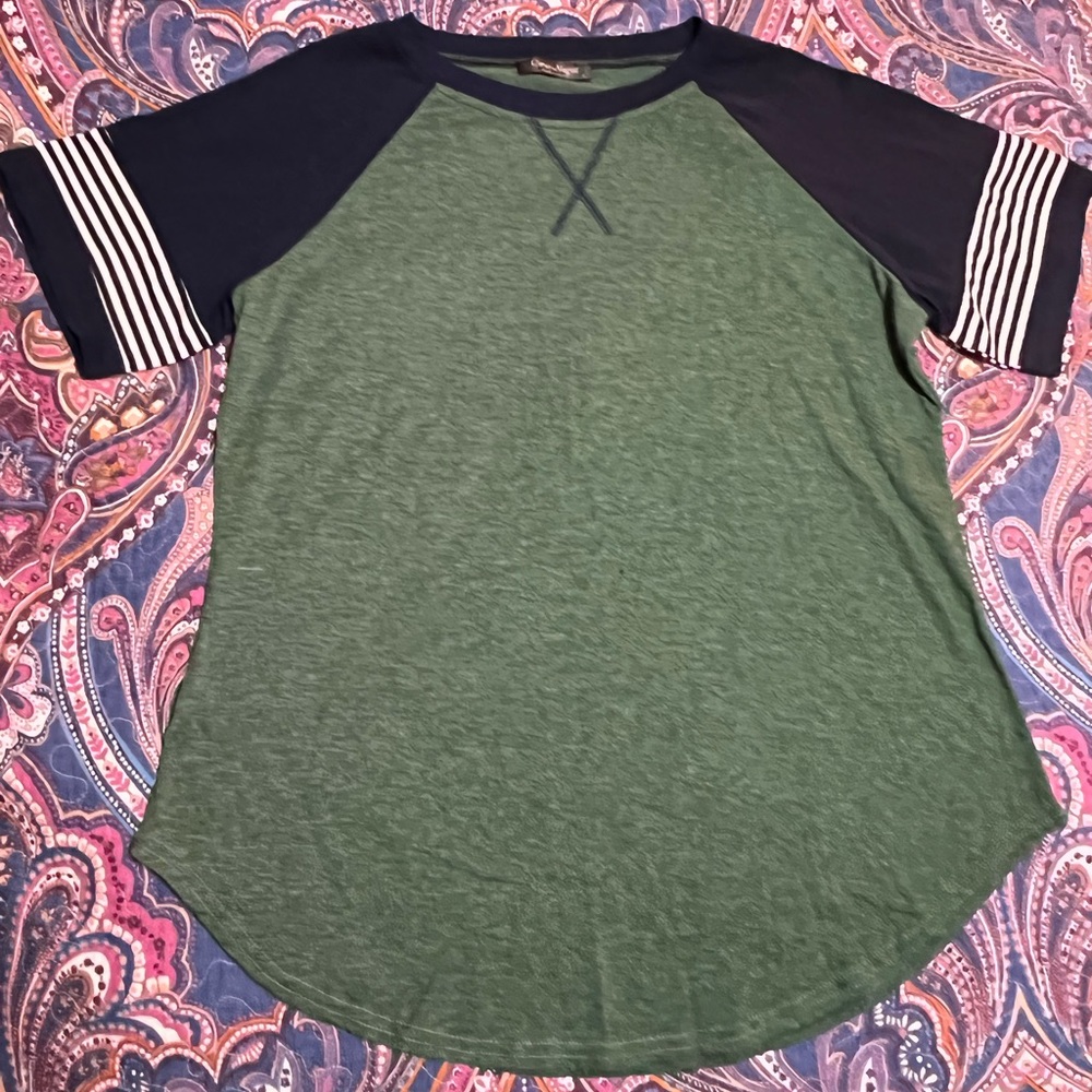 Green pullover with blue striped sleeves